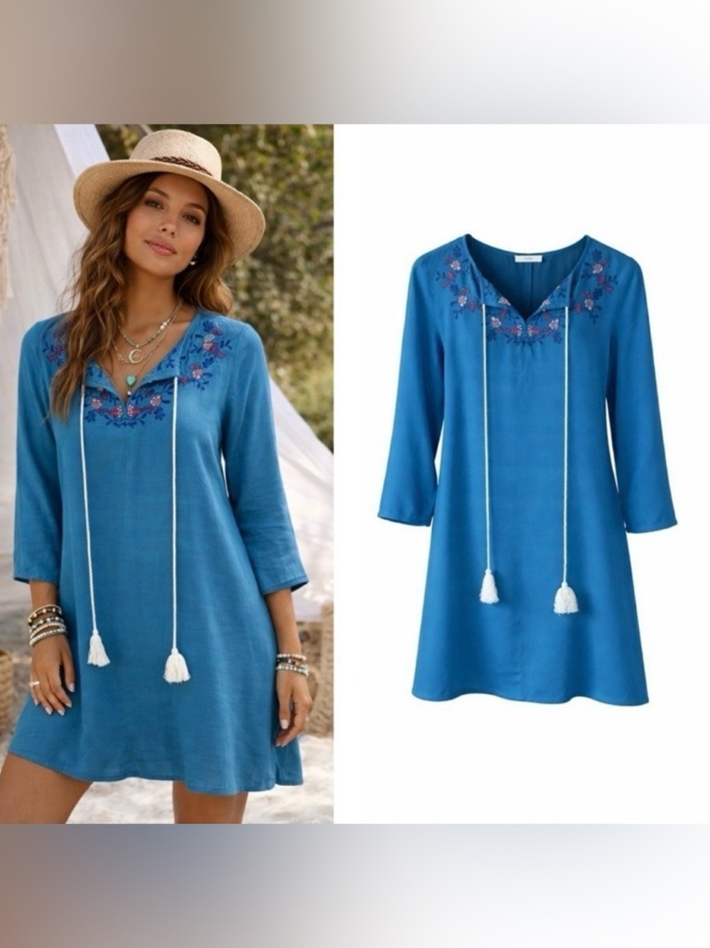 Women Bohemian Embroidered Dress Size Medium Festival Cottage Resort Beachy Blue